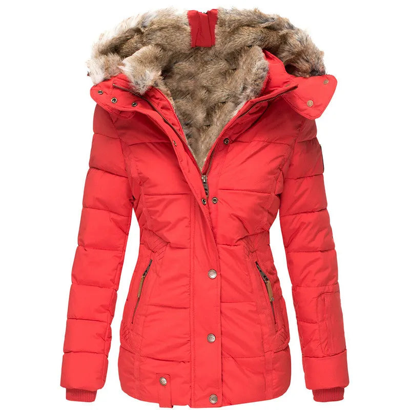 Women's Fitted Hooded Puffer Jacket in Red