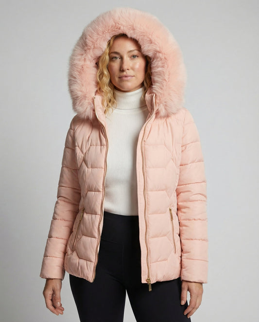 Women's Fitted Puffer Winter Jacket in Blush Pink