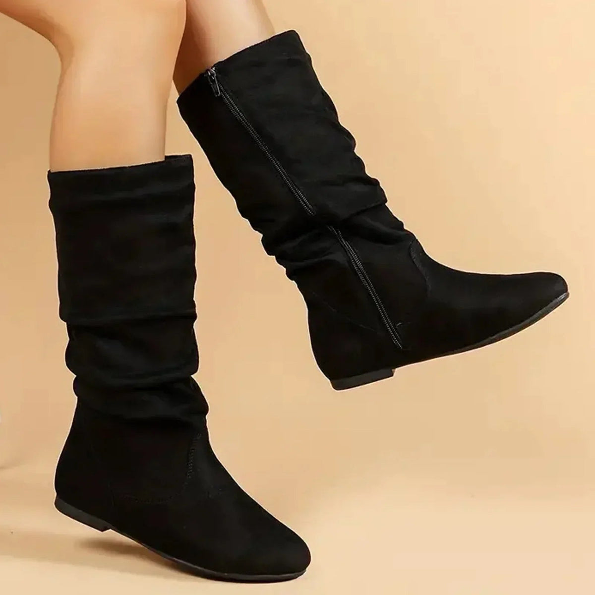 Women's Flat Slouch Mid Calf Boots in Black