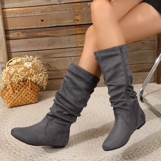 Women's Flat Slouch Mid Calf Boots in Gray