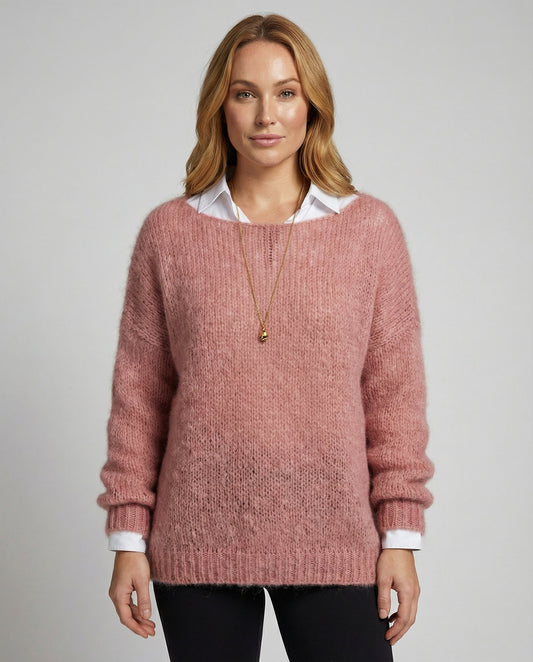 Women's Fluffy Boat Neck Sweater in Dusty Pink
