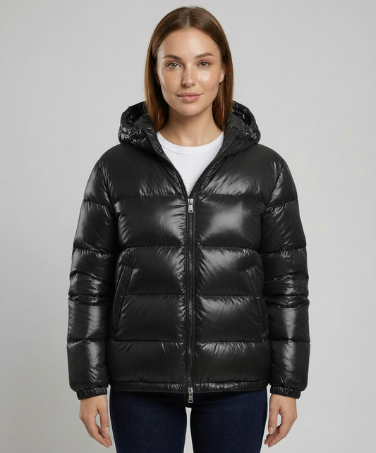 Women's Glossy Hooded Down Jacket in Black