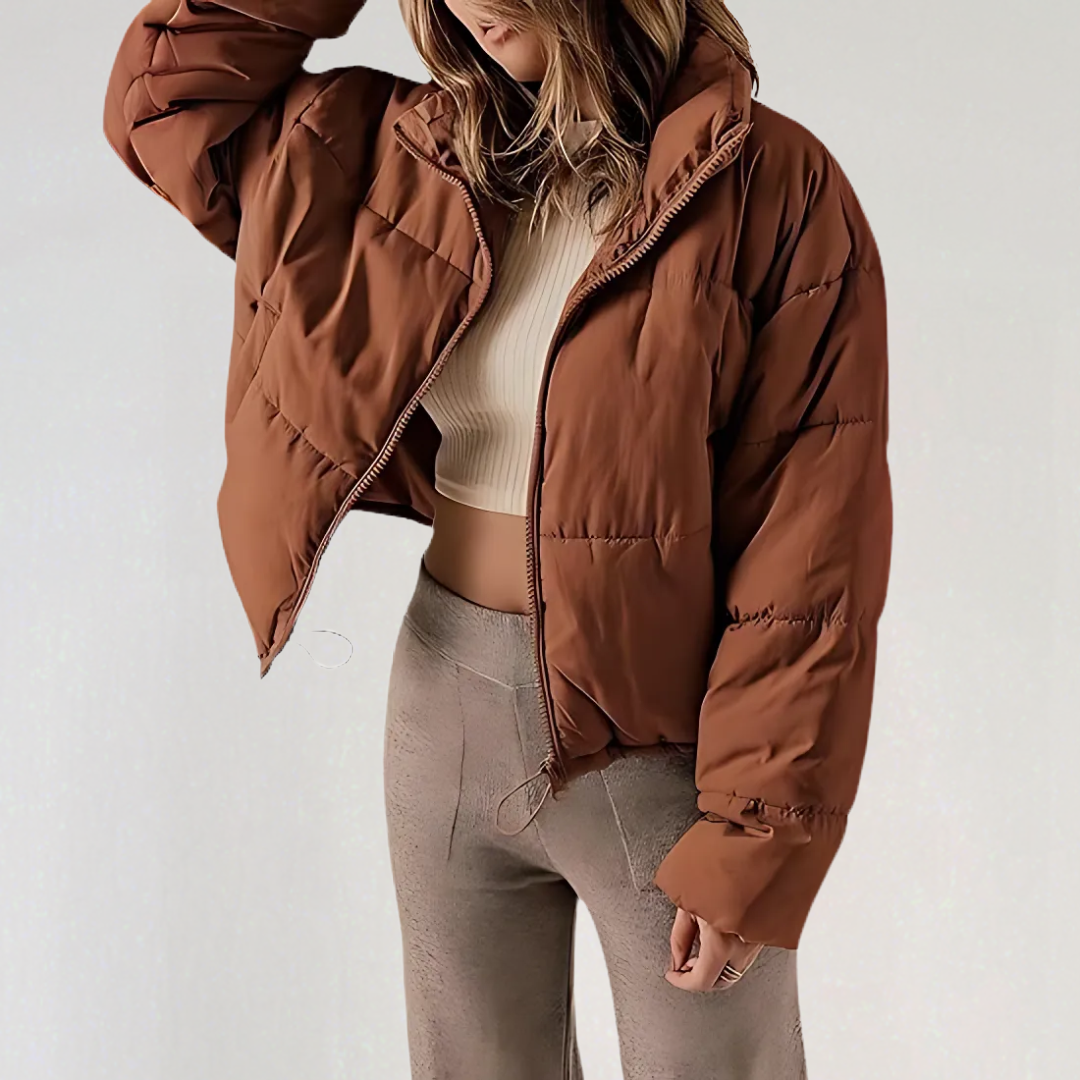 Women's High Collar Puffer Jacket in Brown