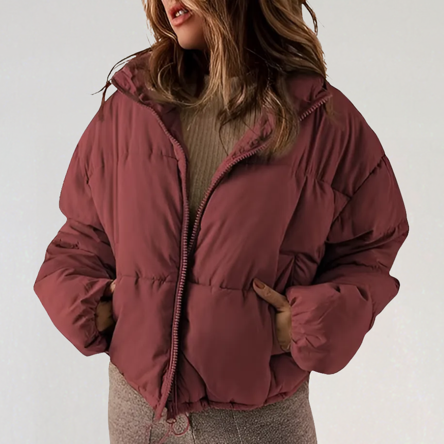 Women's High Collar Puffer Jacket in Dark Red