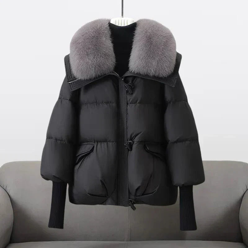 Women's Knit Cuff Puffer Winter Jacket in Black