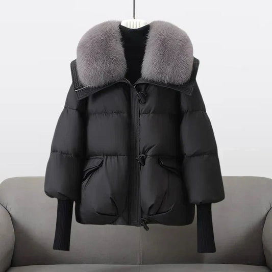 Women's Knit Cuff Puffer Winter Jacket in Black