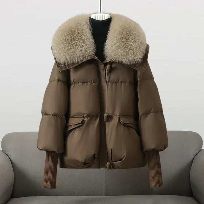Women's Knit Cuff Puffer Winter Jacket in Brown