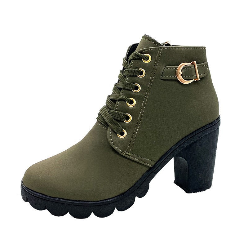 Women's Lace Up Buckle Ankle Boots in Army Green
