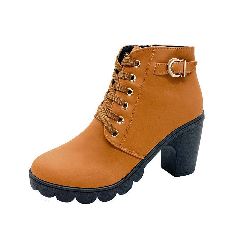 Women's Lace Up Buckle Ankle Boots in Camel
