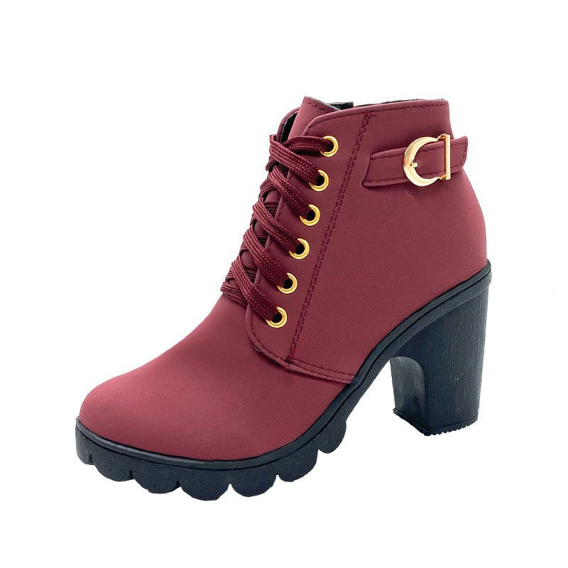 Women's Lace Up Buckle Ankle Boots in Wine Red