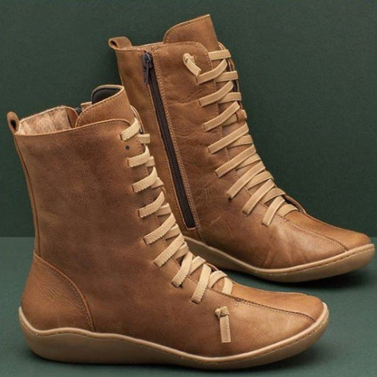 Women's Lace Up Mid Calf Boots in Brown