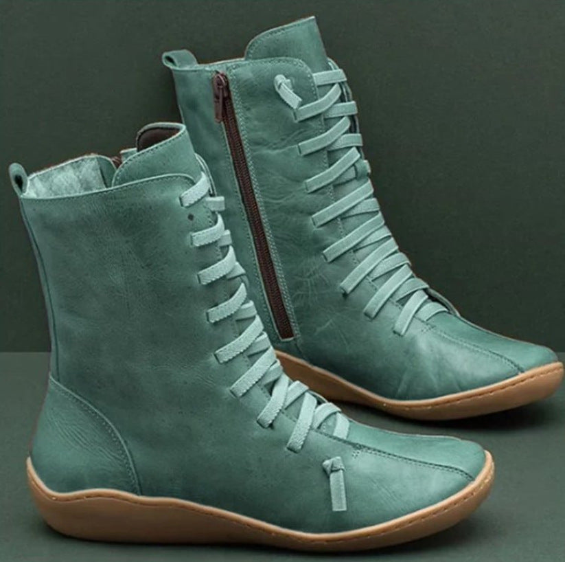 Women's Lace Up Mid Calf Boots in Green