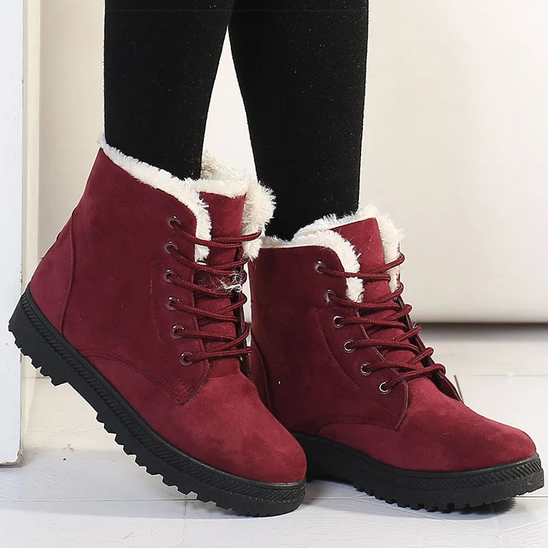 Women's Lace Up Winter Ankle Boots in Wine Red