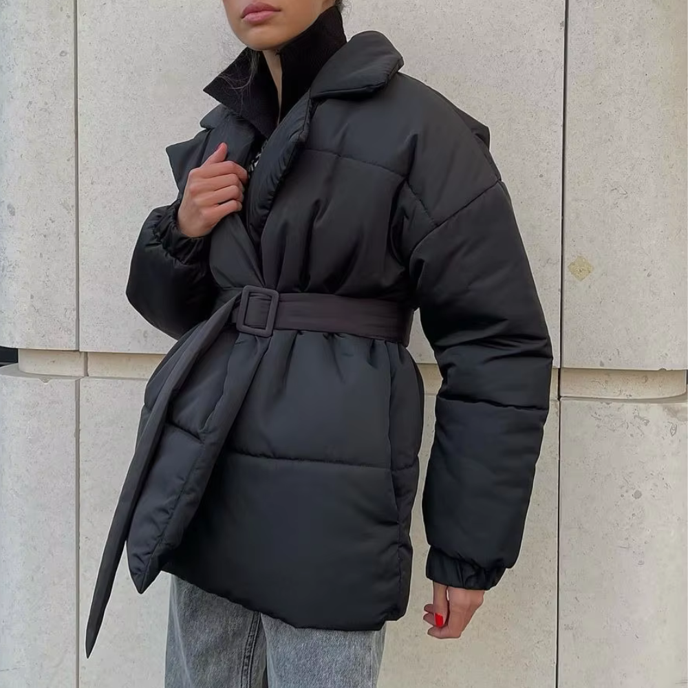 Women's Lapel Collar Puffer Winter Jacket in Black