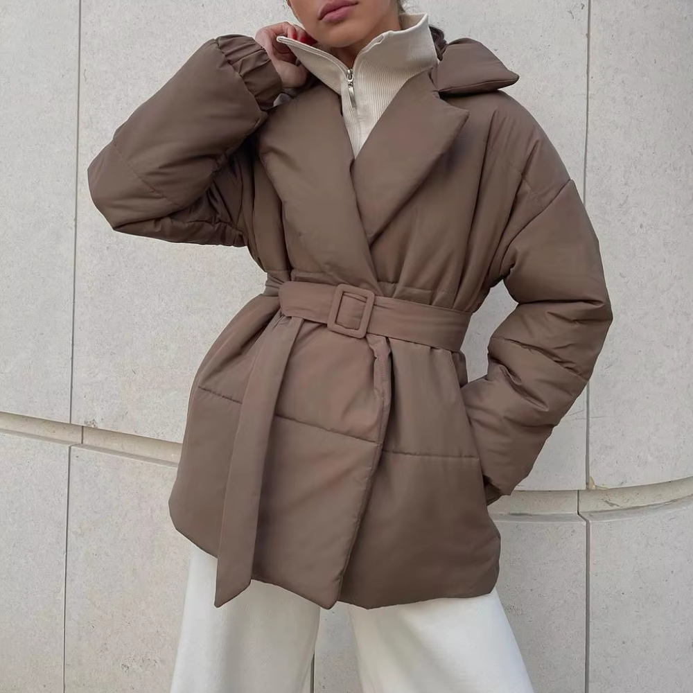 Women's Lapel Collar Puffer Winter Jacket in Brown