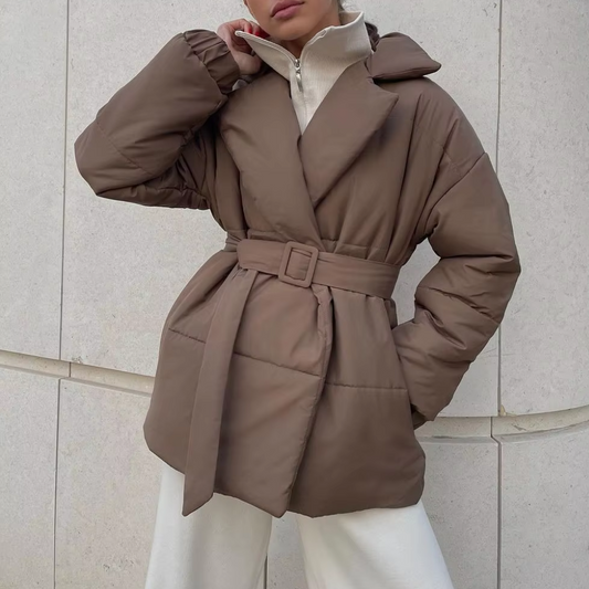 Women's Lapel Collar Puffer Winter Jacket in Brown