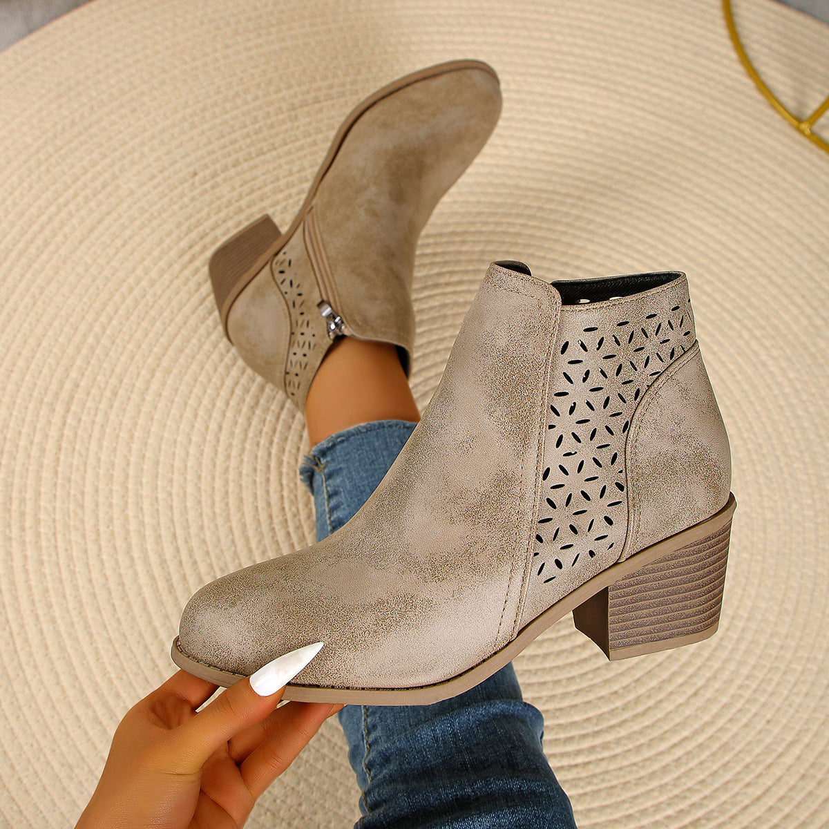 Women's Laser Cut Ankle Boots in Beige