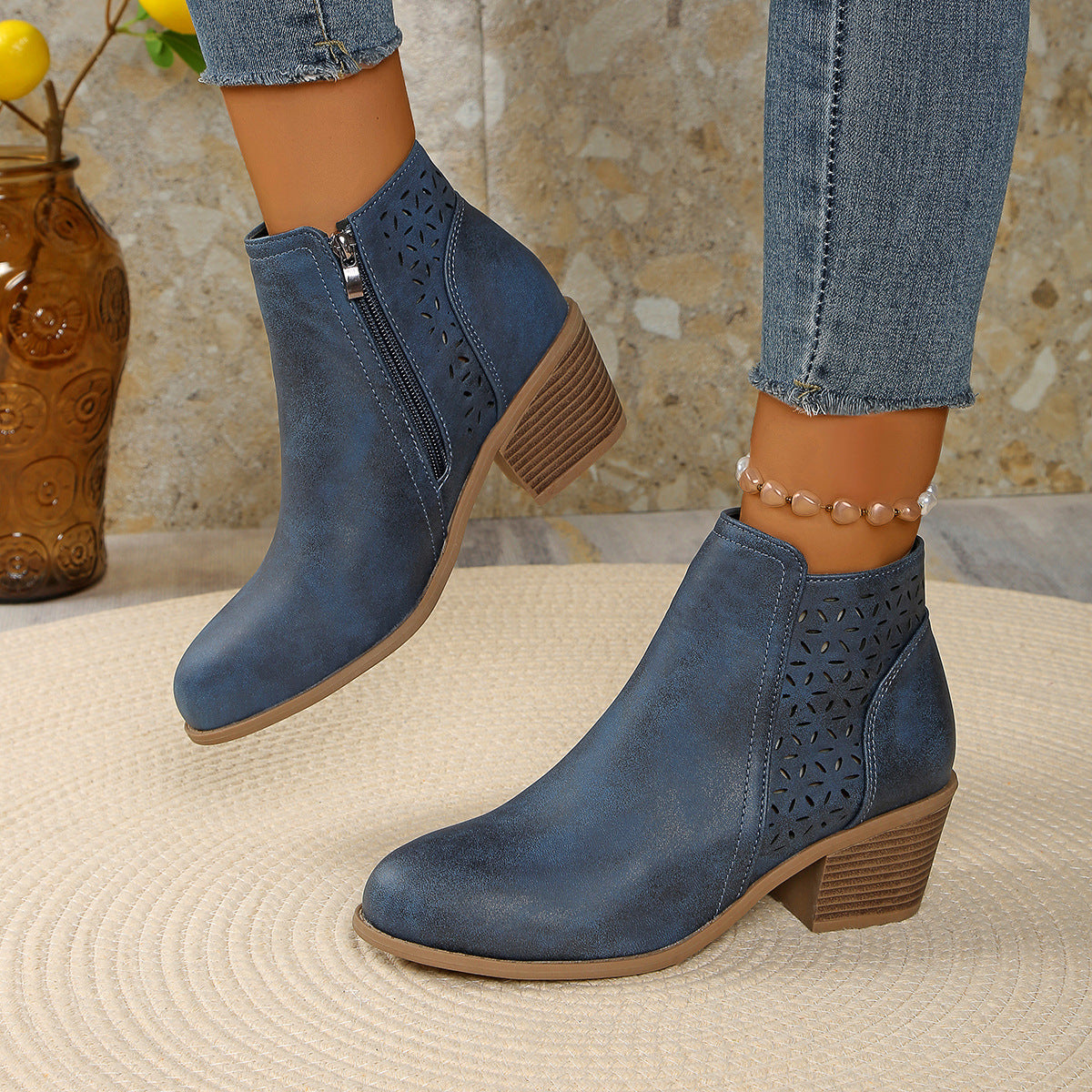 Women's Laser Cut Ankle Boots in Blue