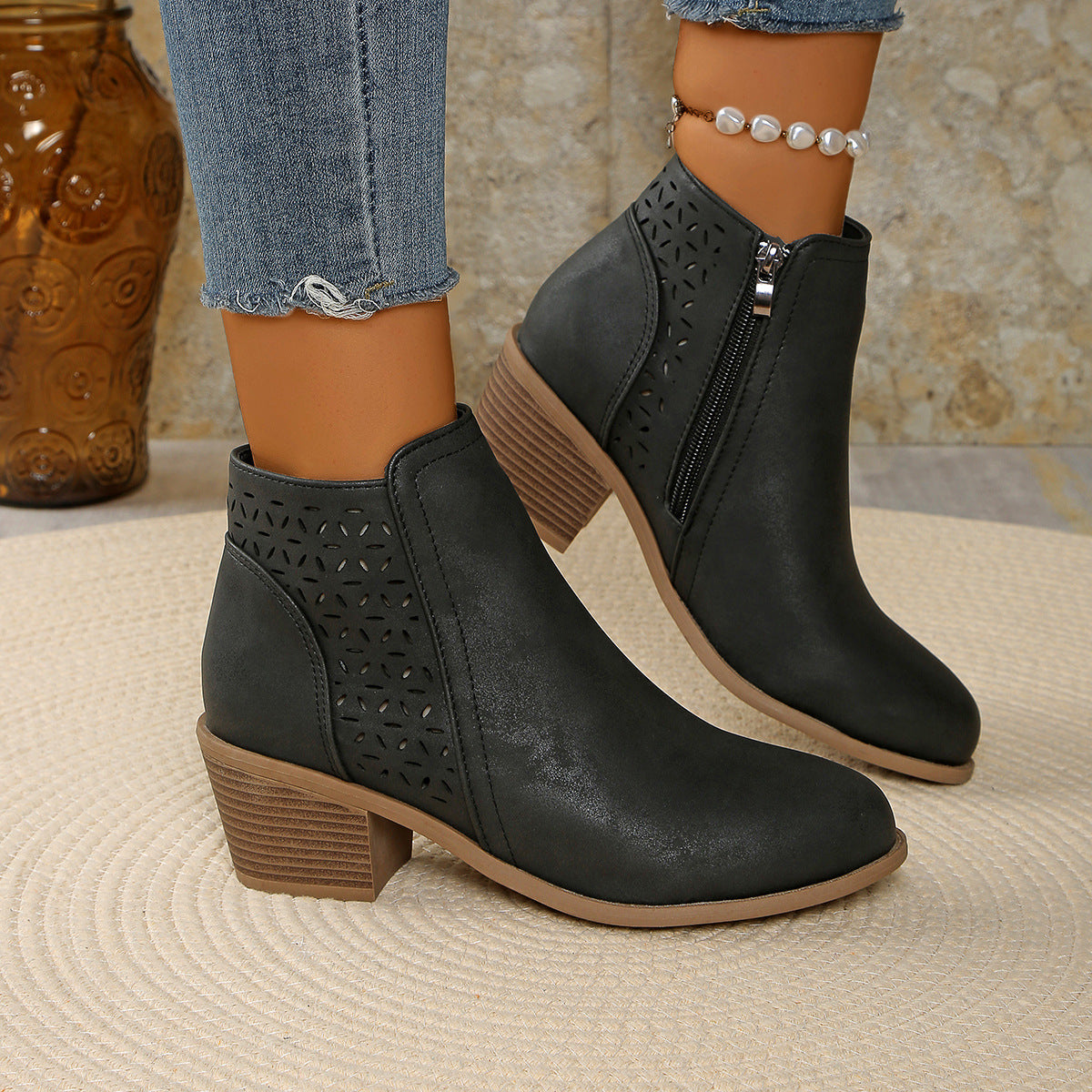 Women's Laser Cut Ankle Boots in Dark Gray