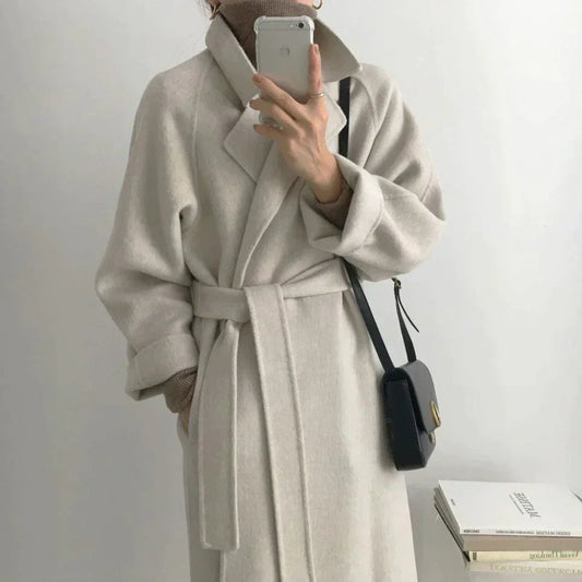 Women's Long Belted Winter Jacket in Light Gray