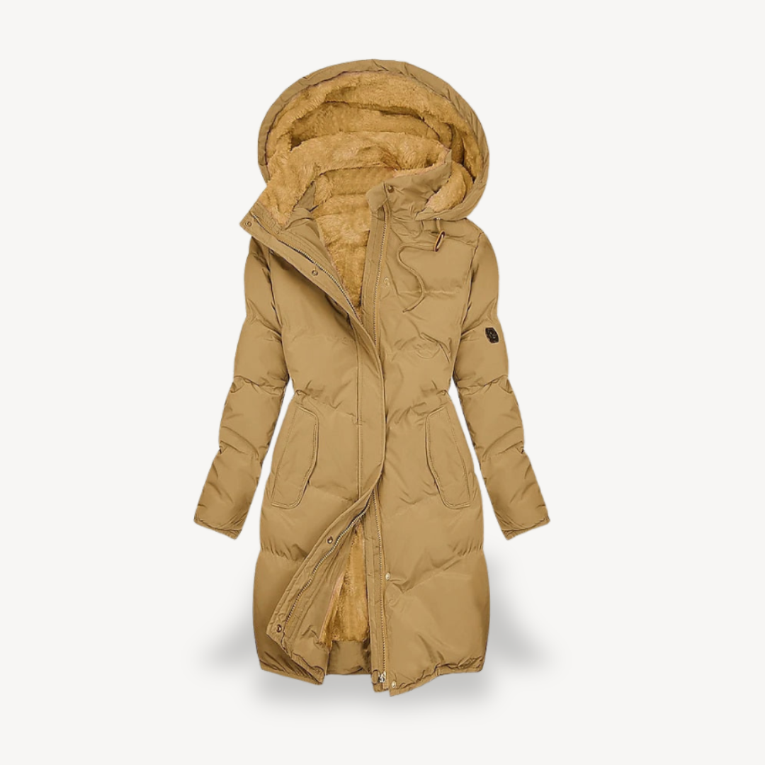 Women's Long Hooded Puffer Jacket in Brown