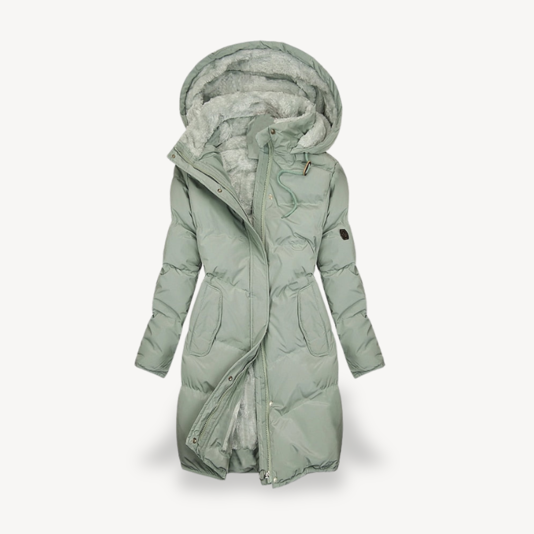 Women's Long Hooded Puffer Jacket in Green