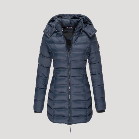 Women's Long Padded Puffer Jacket in Navy