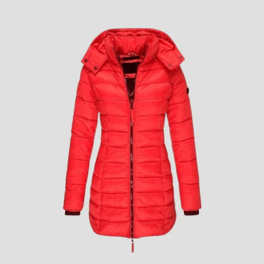 Women's Long Padded Puffer Jacket in Red