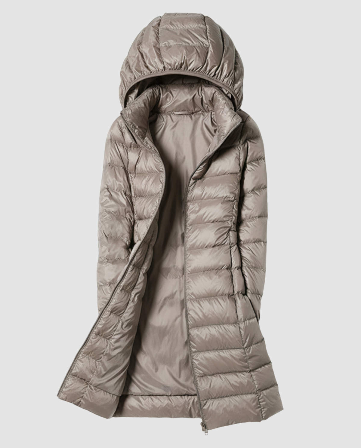 Women's Longline Down Jacket in Taupe