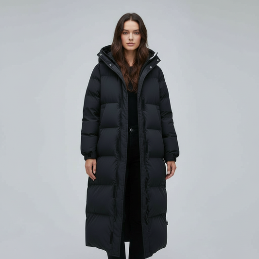 Women's Longline Hooded Puffer Winter Jacket in Black