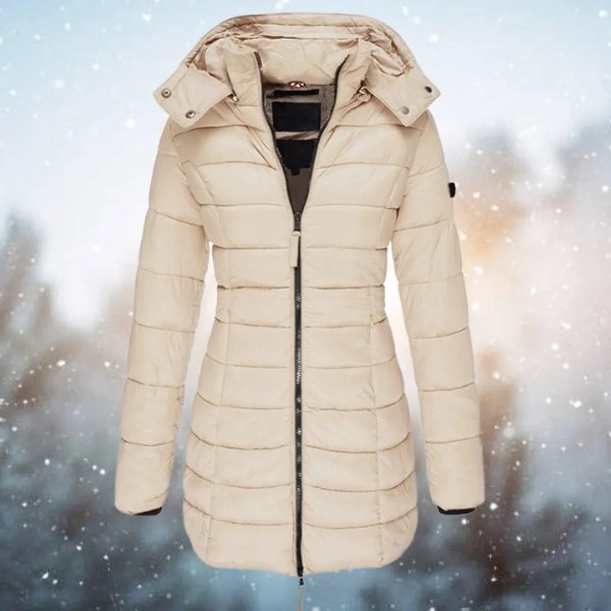 Women's Longline Quilted Puffer Jacket in Beige