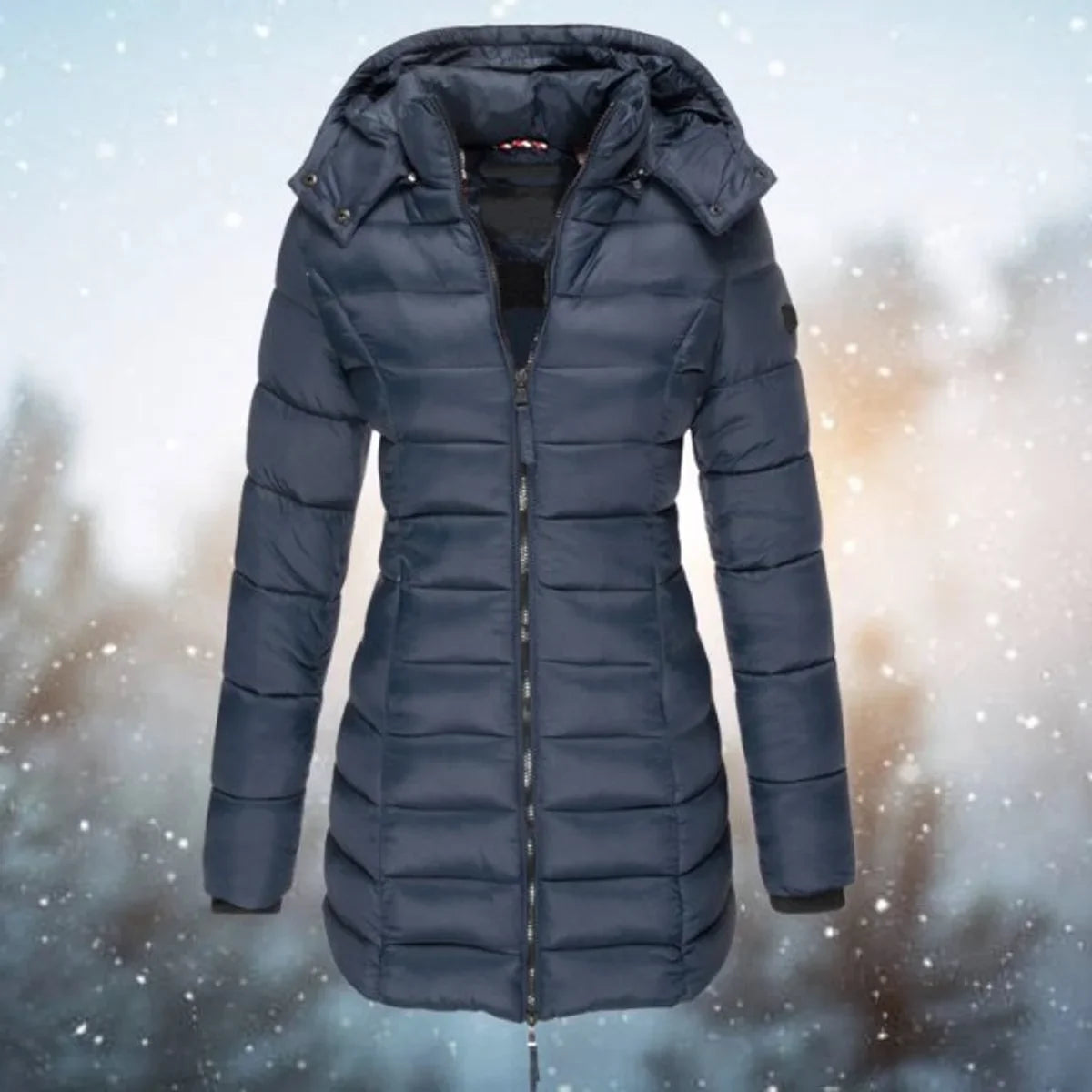 Women's Longline Quilted Puffer Jacket in Navy Blue