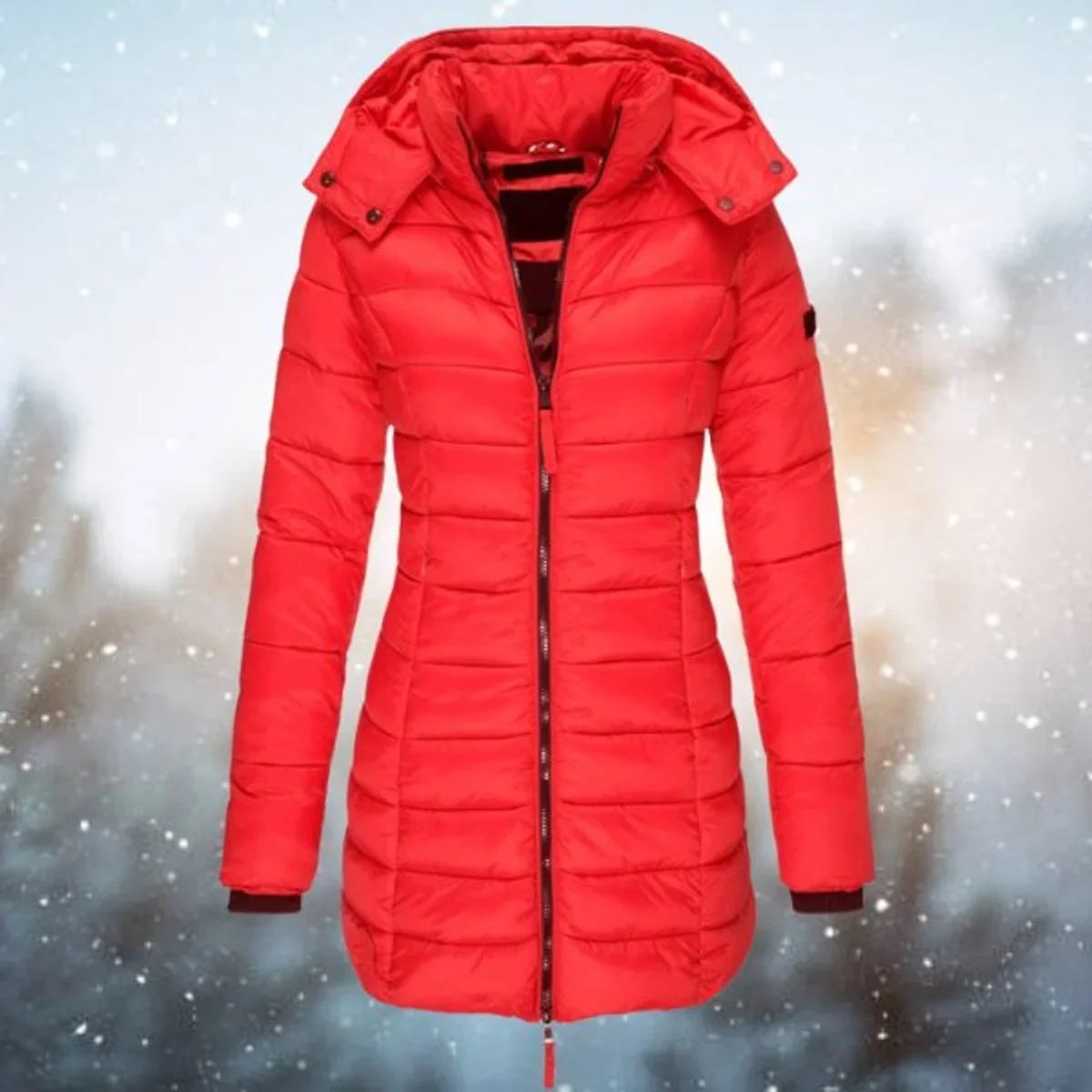 Women's Longline Quilted Puffer Jacket in Red