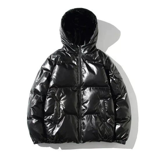 Women's Metallic Puffer Jacket in Black (Hooded)