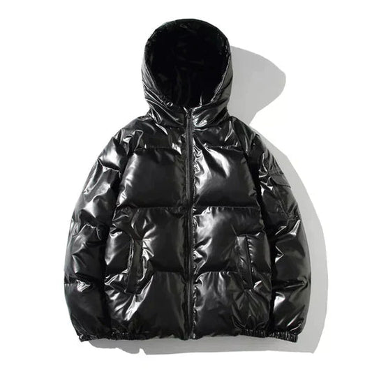 Women's Metallic Puffer Jacket in Black (Hooded)