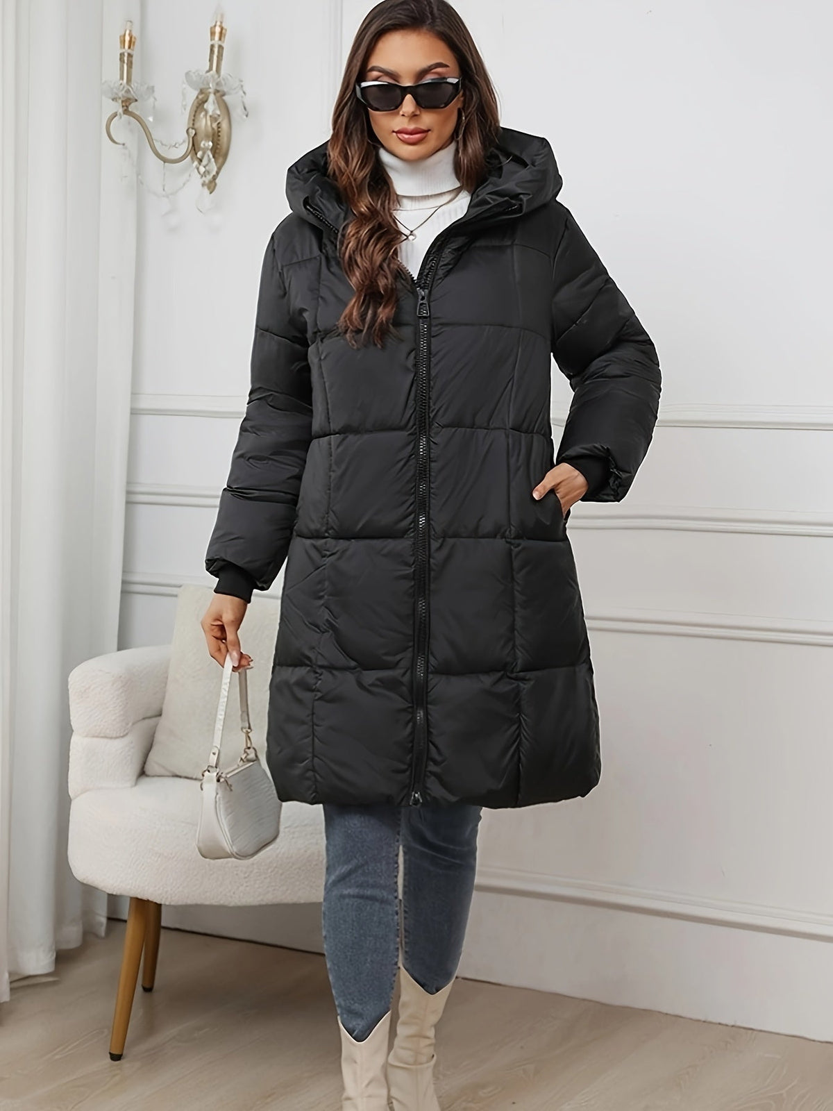 Women's Mid Length Puffer Jacket in Black