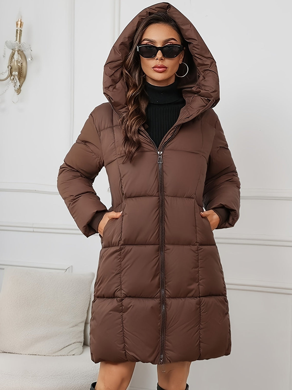 Women's Mid Length Puffer Jacket in Brown