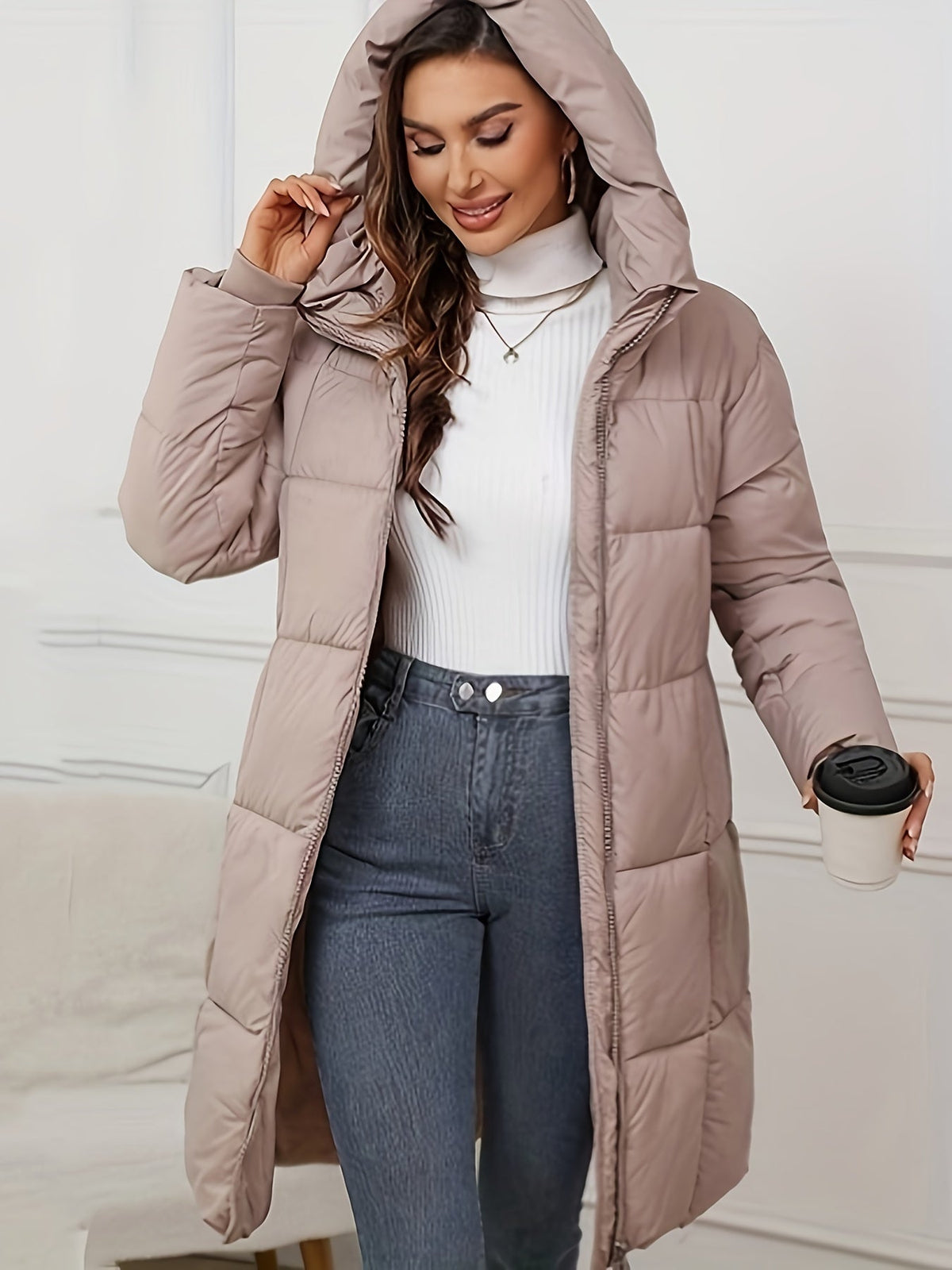 Women's Mid Length Puffer Jacket in Khaki