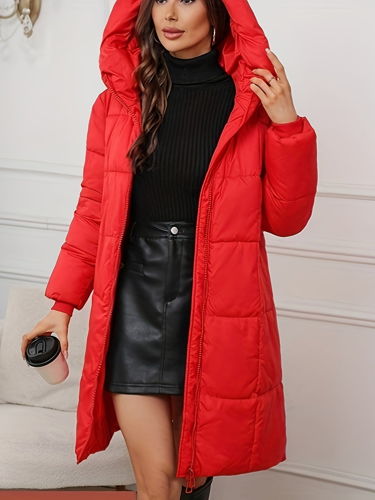 Women's Mid Length Puffer Jacket in Red