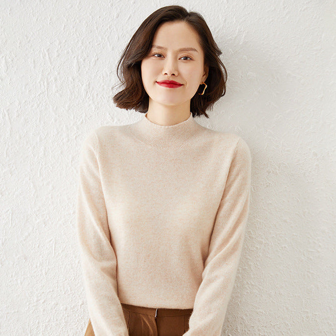Women's Mock Neck Fine Knit Sweater in Beige