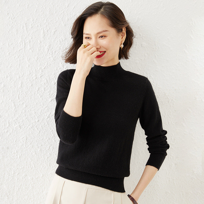 Women's Mock Neck Fine Knit Sweater in Black