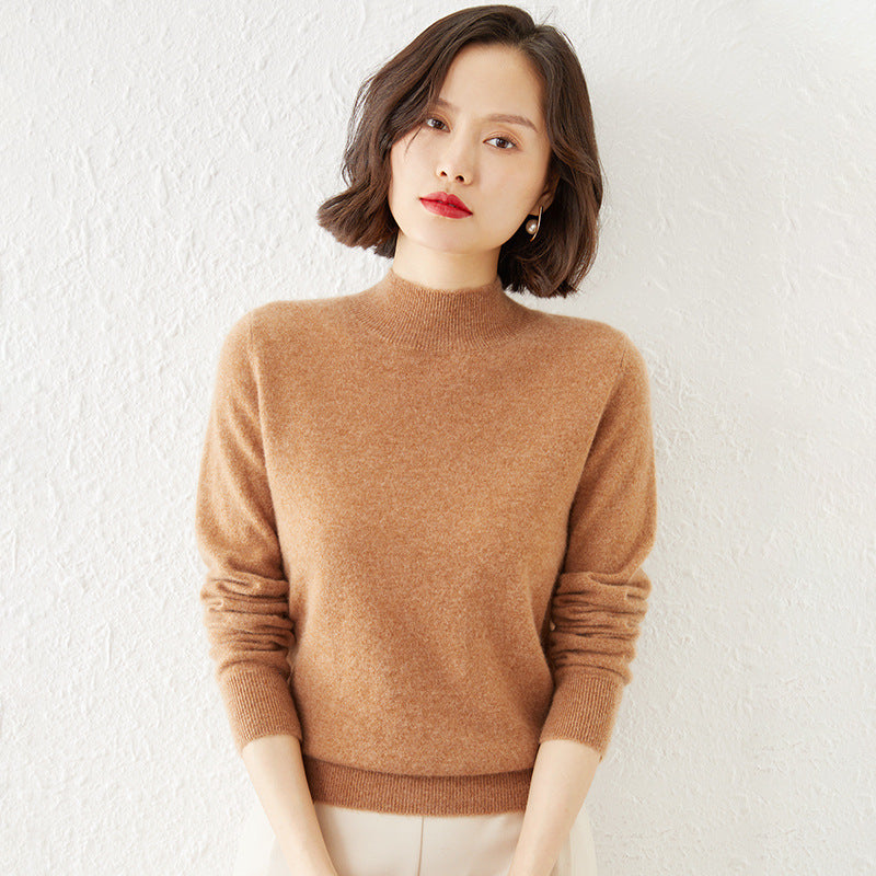 Women's Mock Neck Fine Knit Sweater in Camel