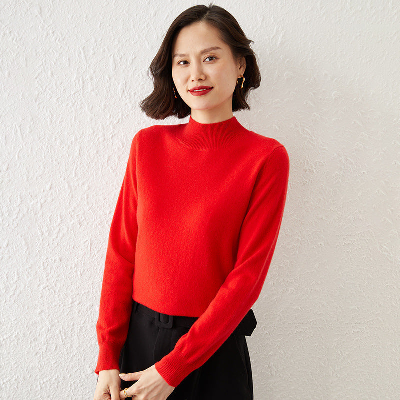 Women's Mock Neck Fine Knit Sweater in Red