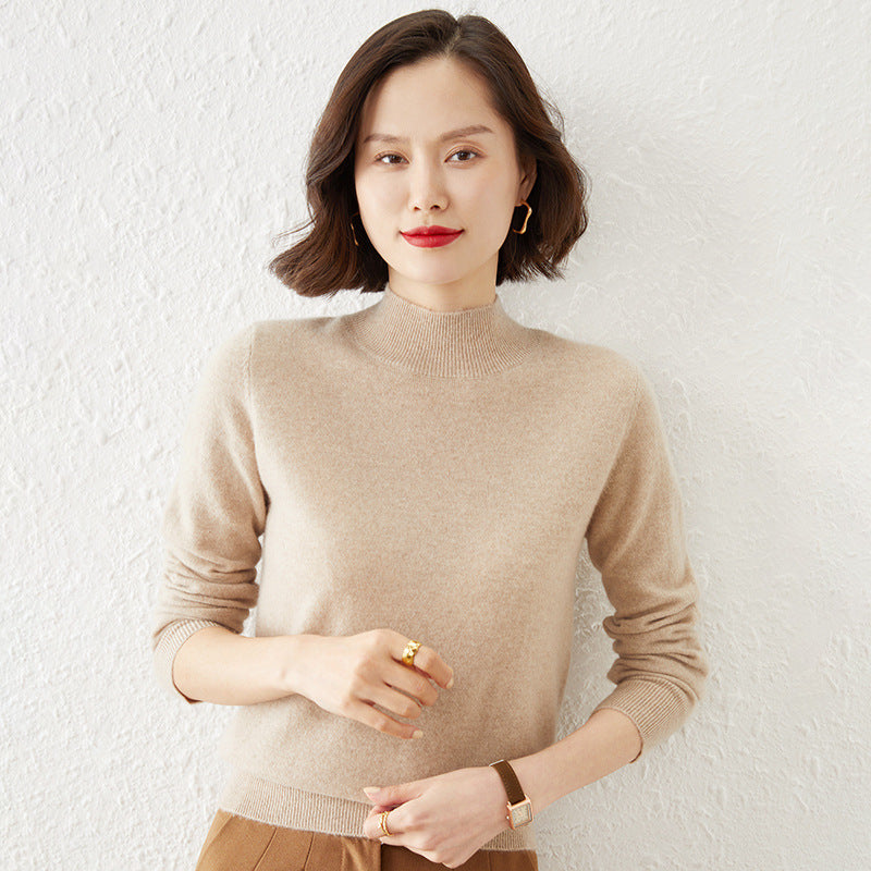 Women's Mock Neck Fine Knit Sweater in Tan