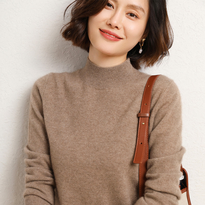 Women's Mock Neck Fine Knit Sweater in Taupe