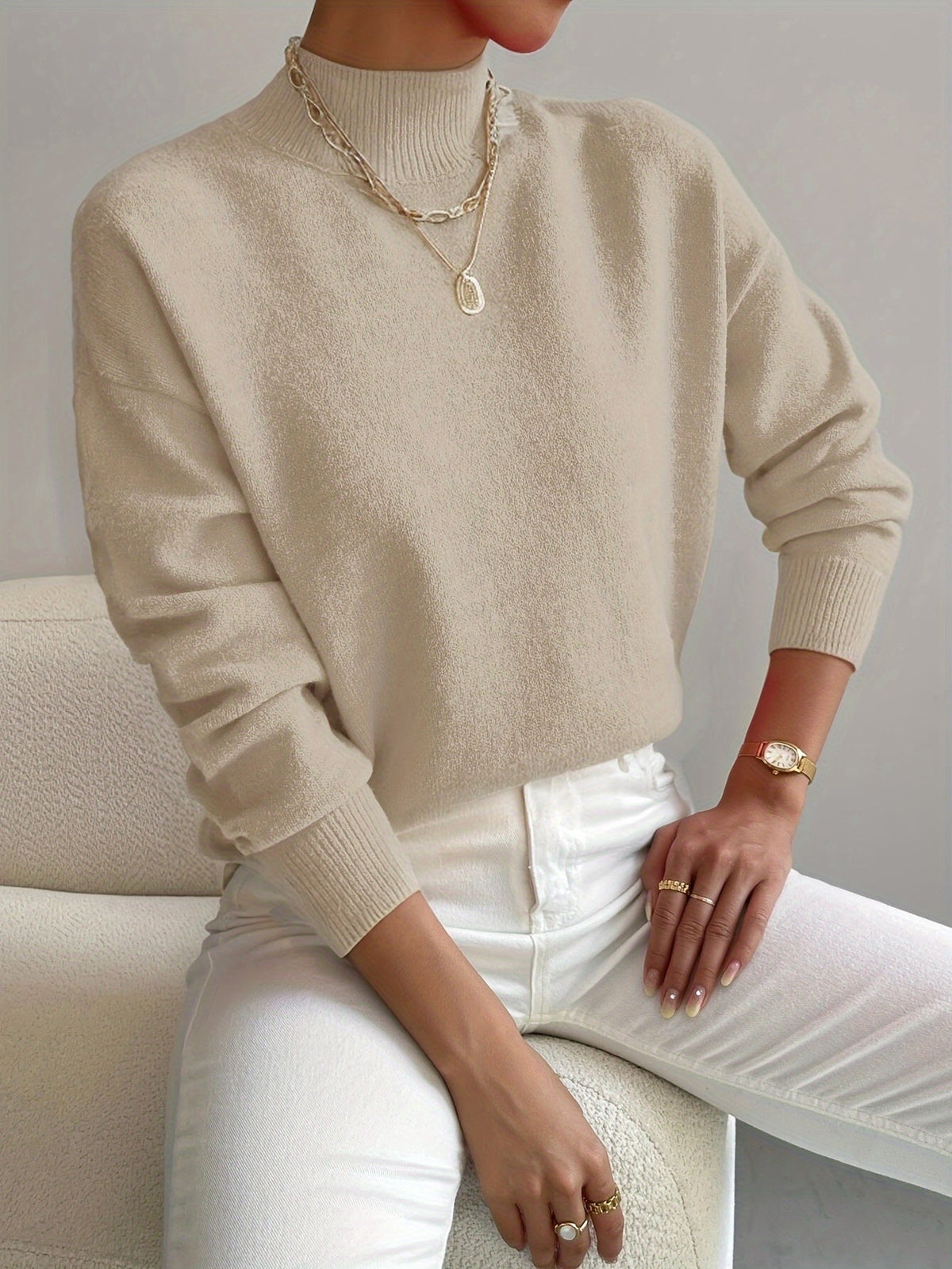 Women's Mock Neck Knit Sweater in Beige