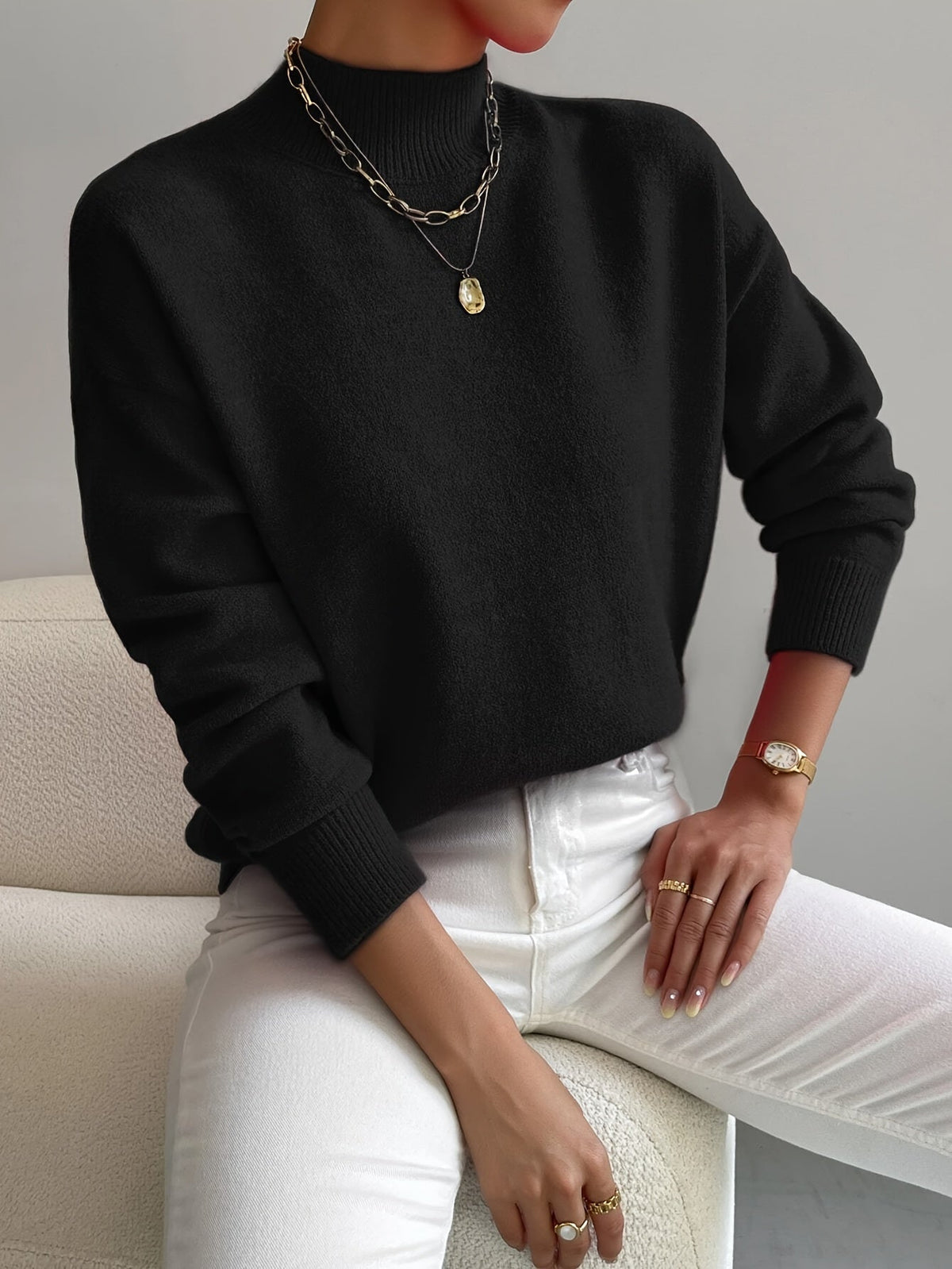 Women's Mock Neck Knit Sweater in Black