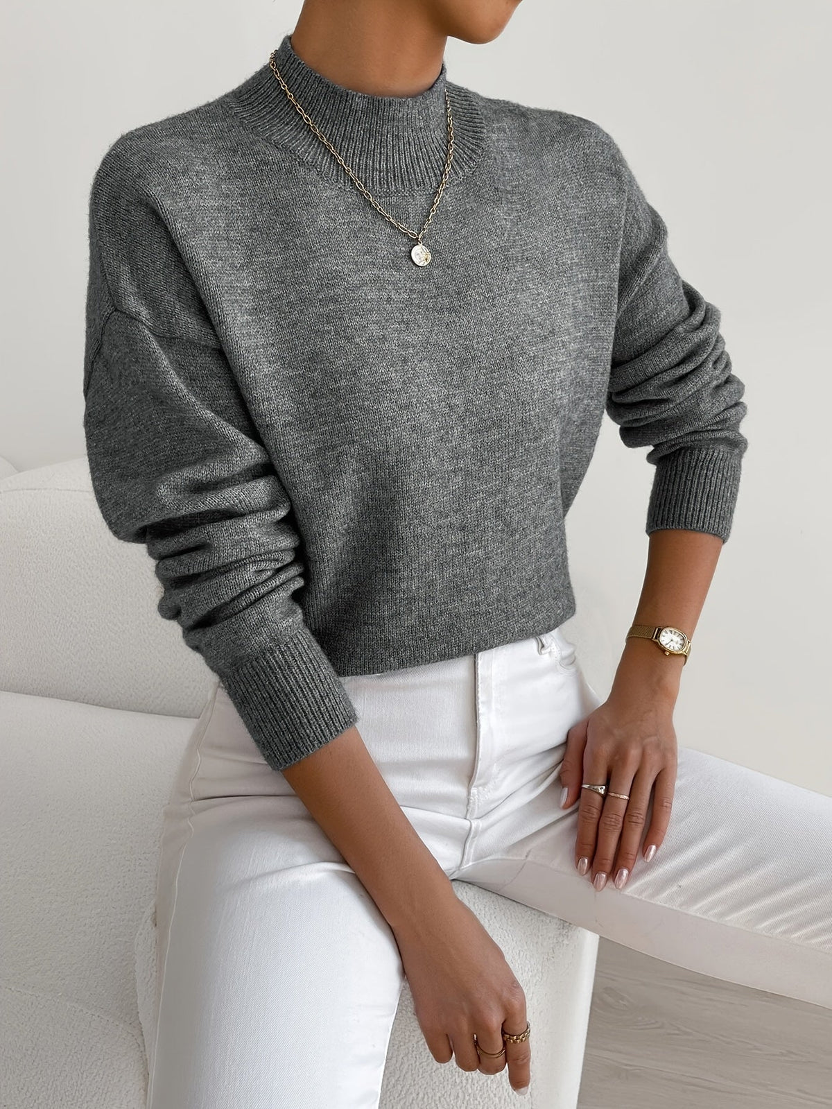 Women's Mock Neck Knit Sweater in Gray