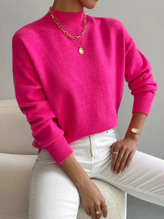 Women's Mock Neck Knit Sweater in Hot Pink