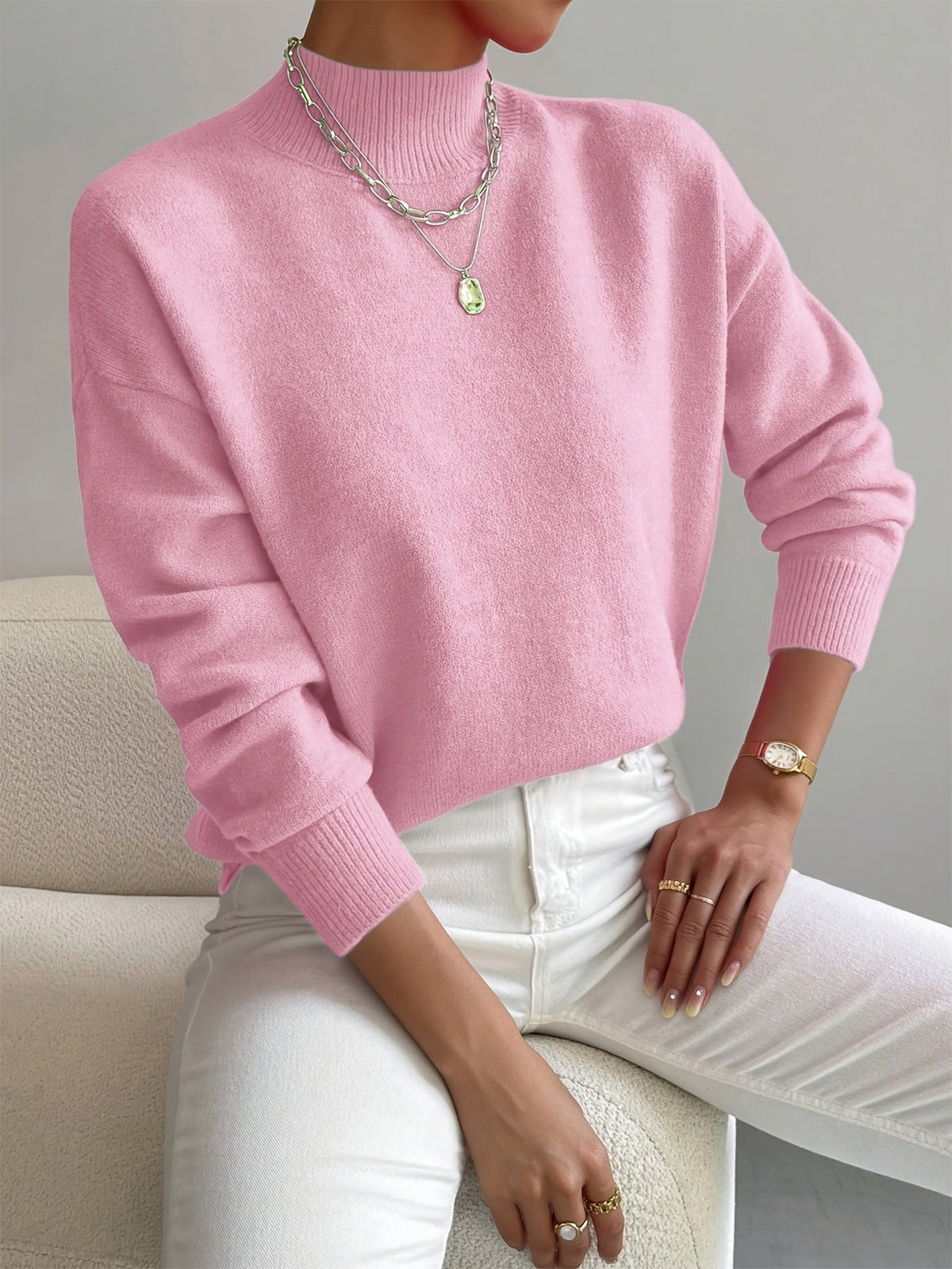Women's Mock Neck Knit Sweater in Light Pink